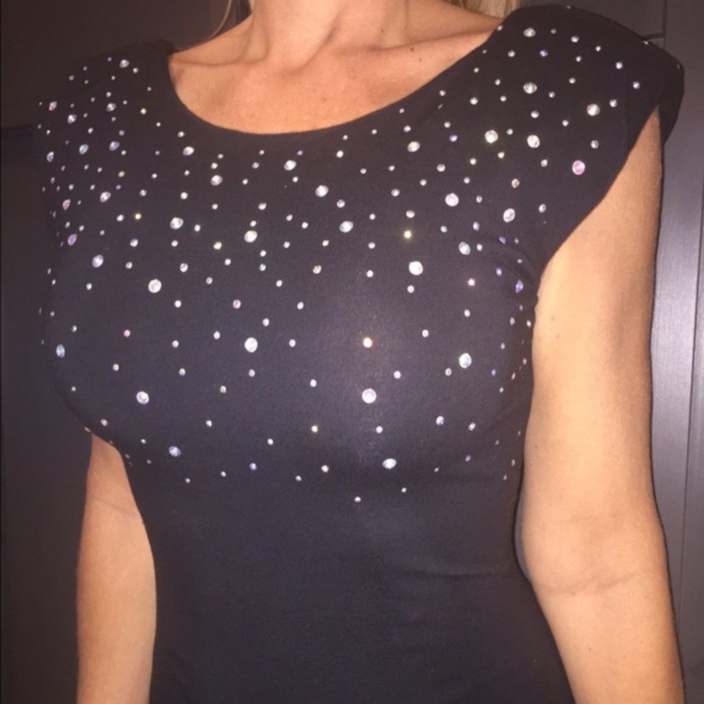 H&M BLACK BODYCON RHINESTONE DRESS LBD NYE SPARKLE SZ S - Picture 3 of 9